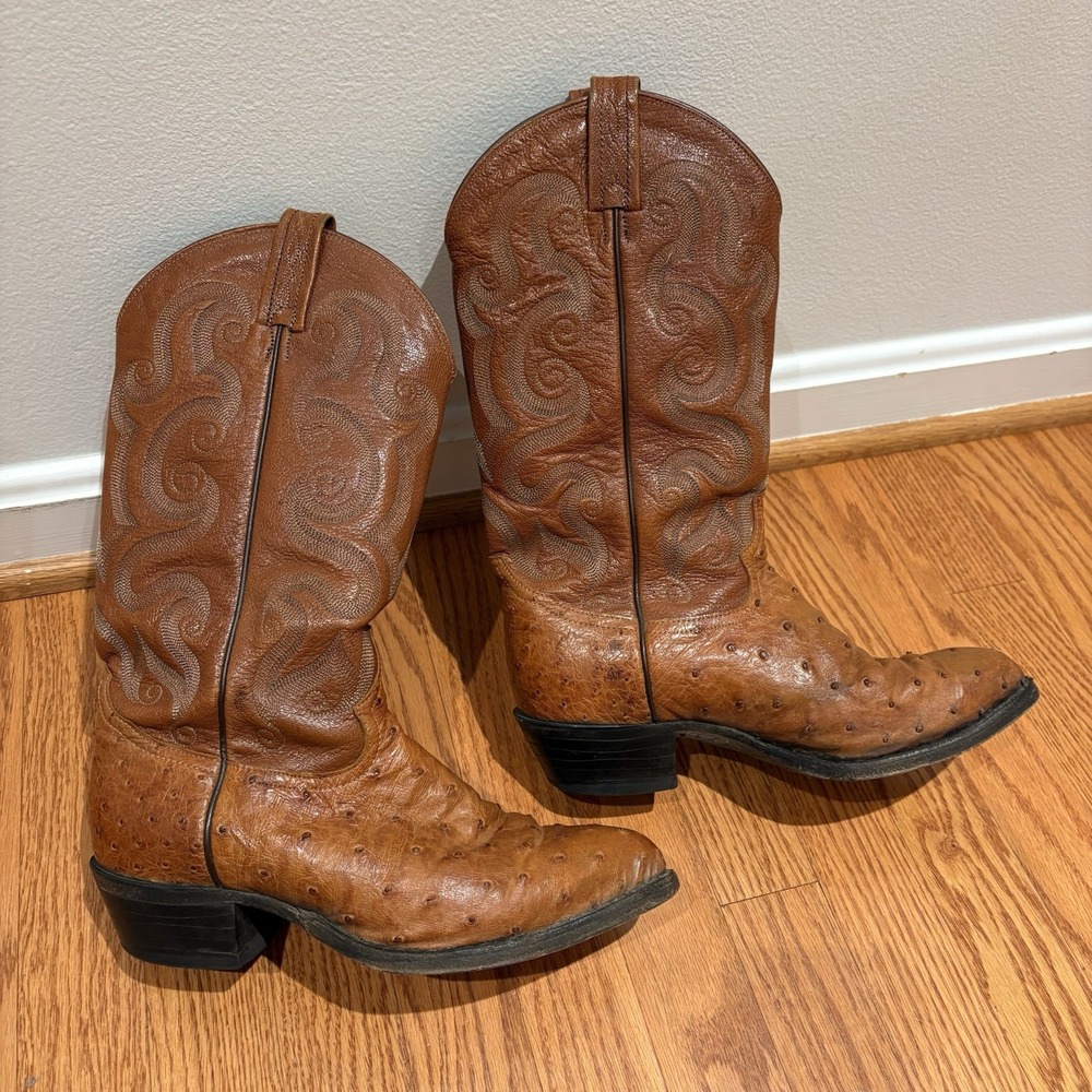 Vintage Tony Lama Full Quill Ostrich Cowboy Boots Men's 7 EE Brown USA Western